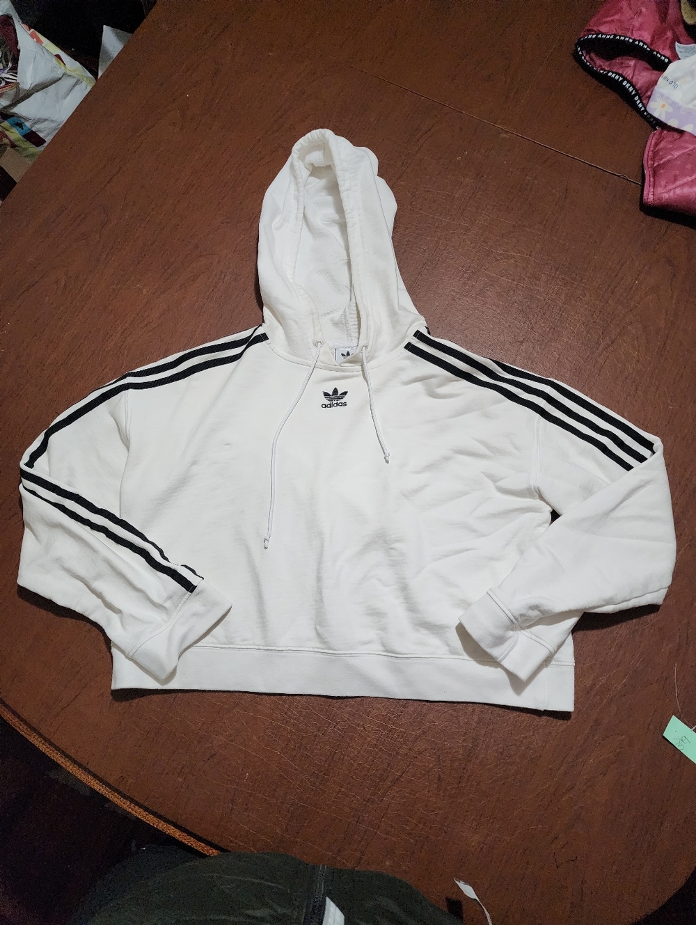 Adidas White Cropped Hoodie with Black 3-Stripes - Picture 1 of 10